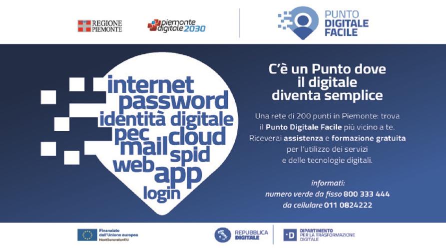 Un grande punto indicatore bianco su sfondo blu e nel punto bianco le parole "internet-password-identità digitale-pec-cloud-mail-spid-web-app-login" scritte in blu. A fianco del punto un testo descrittivo in bianco.