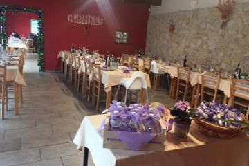 Sala da pranzo con parete rossa, tavoli e sedie in legno chiaro.