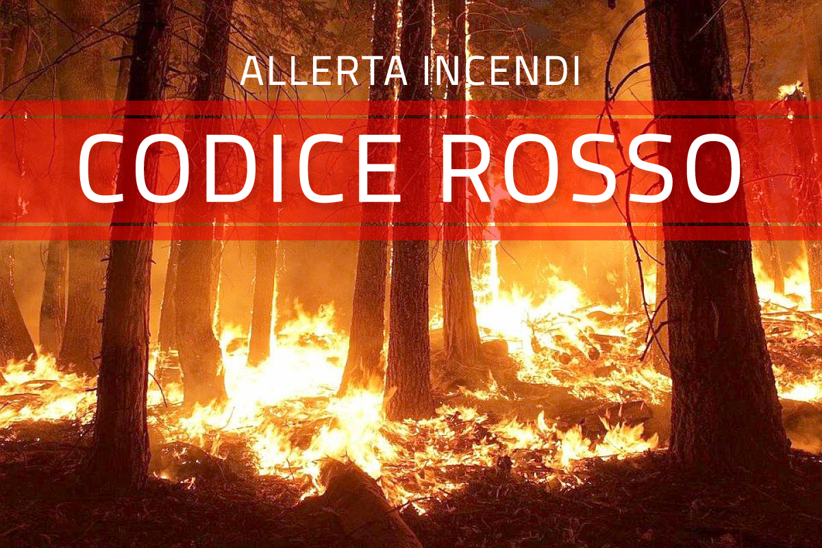 Un bosco in fiamme e la scritta centrale "Allerta incendi- Codice rosso".